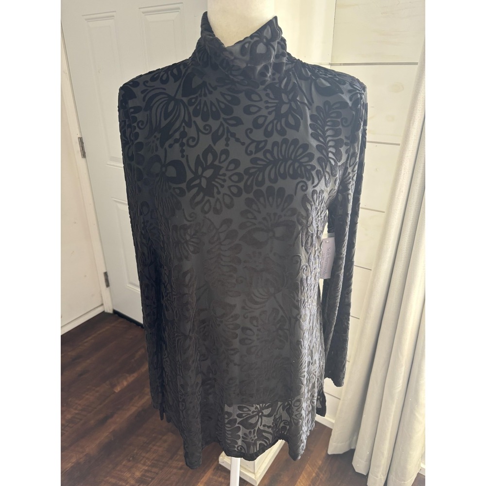 Soft‎ Surroundings Top Womens Medium Black Burnout Velvet Turtleneck Floral Y2K